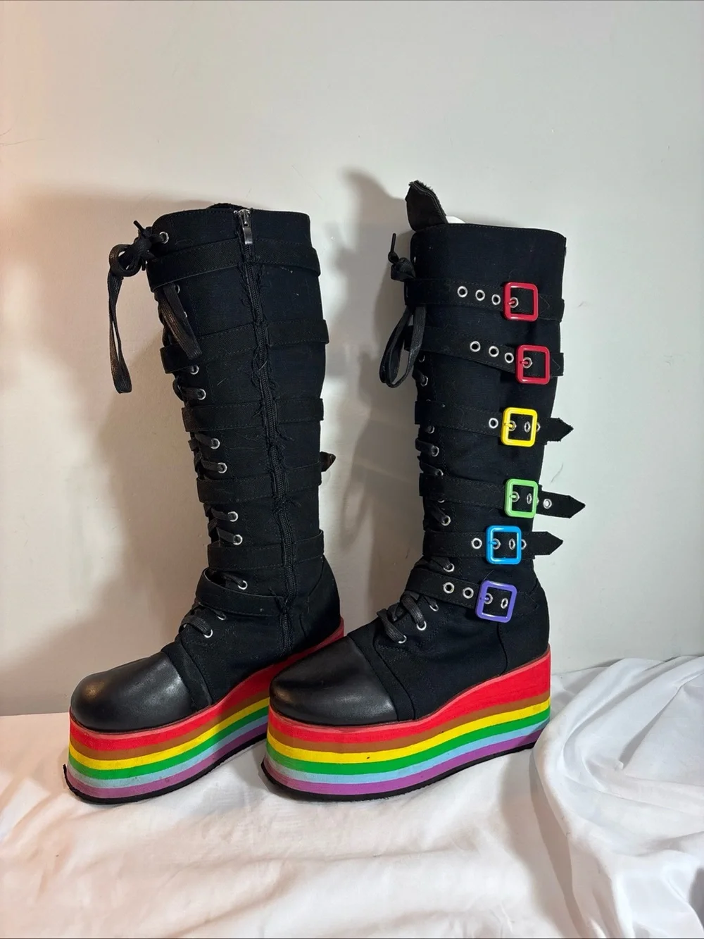 Black Lace-Up Platform Boots with Rainbow Sole